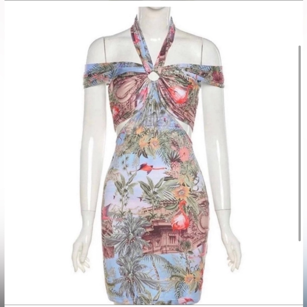 Off-Shoulder Tropical Print Mini Dress in Pastel Blue